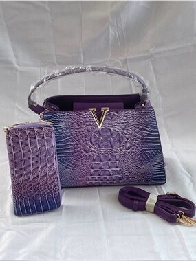 Purple Croc-Embossed Top-Handle Bag with Wallet - V Accent